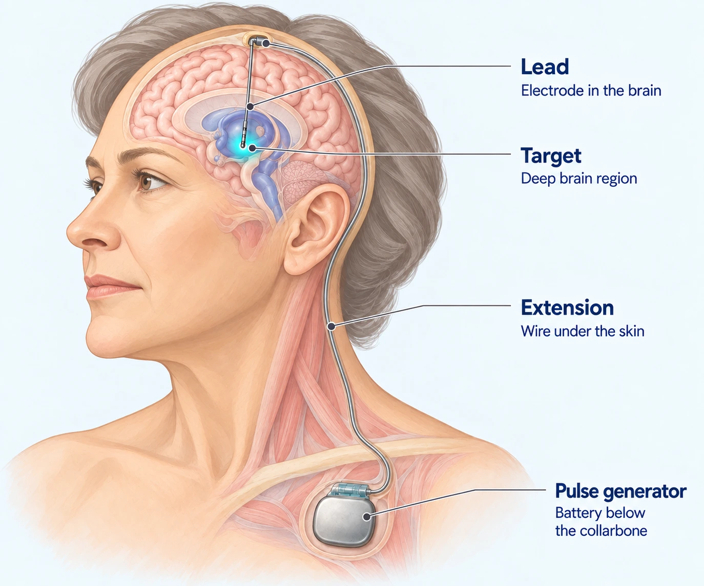 Enlarged illustration showing the lead, deep brain target, extension wire, and pulse generator.
