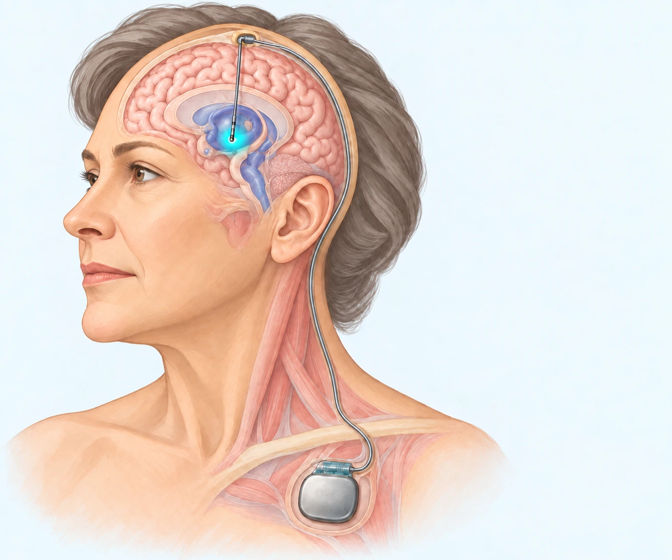 Medical illustration showing a brain electrode connected by a wire beneath the skin to a pulse generator in the upper chest.