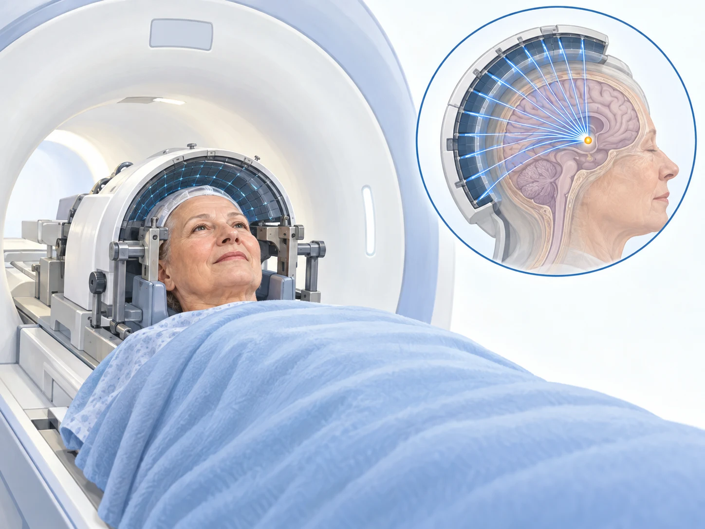 Medical illustration of an awake patient in an MRI focused ultrasound setup, with an inset showing ultrasound beams converging on a small brain target.