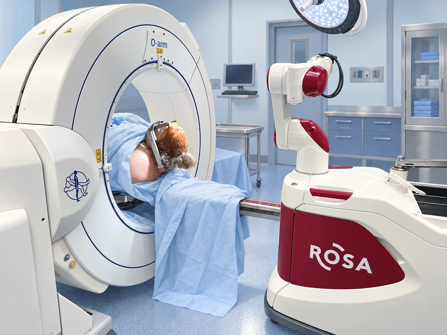 Illustration of a draped patient with an O-arm imaging system and ROSA surgical robot.